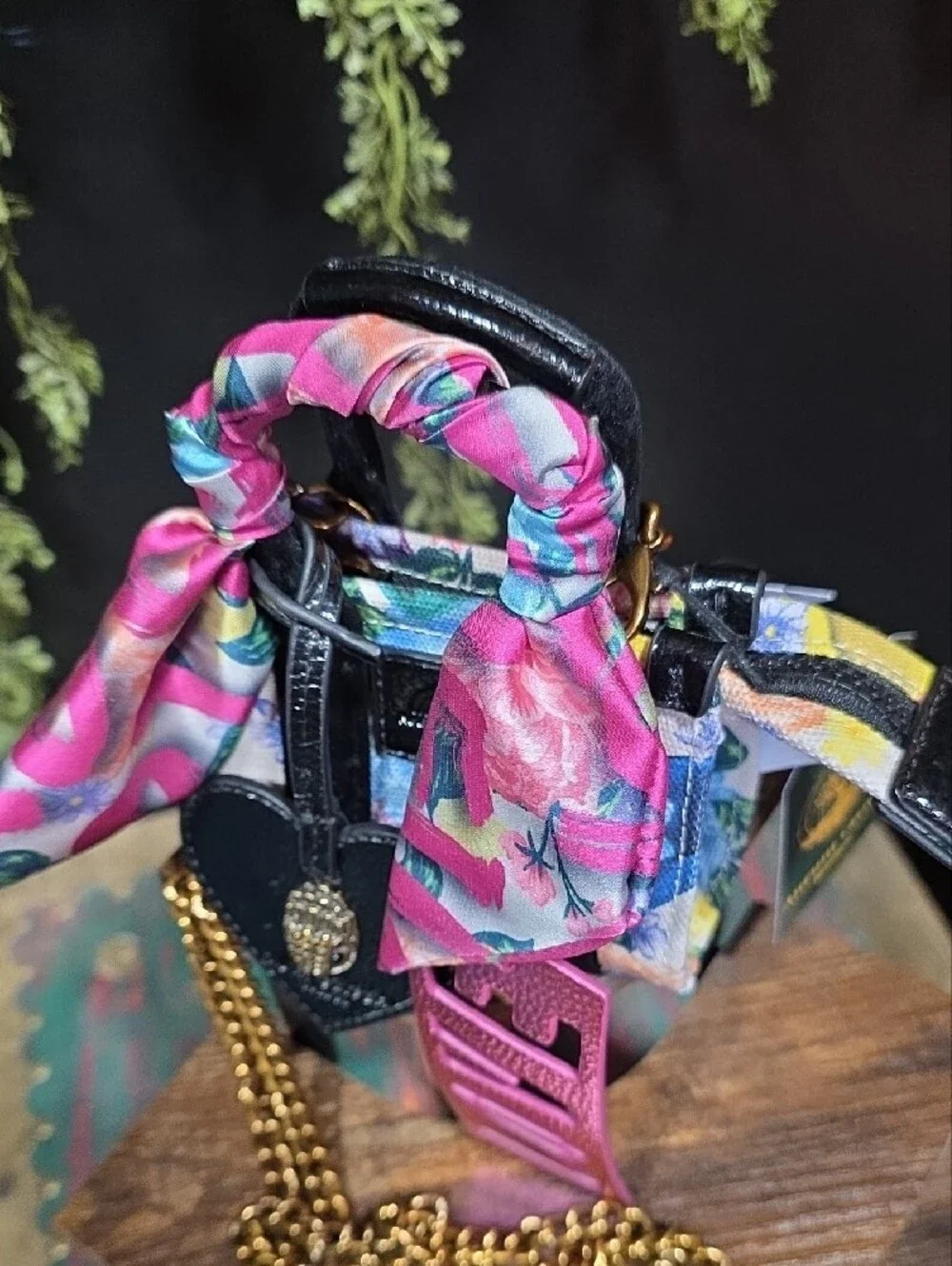 Kurt Geiger Micro Crossbody w/ Floral Scarf Handle Charm w/ Gold Chain & Accents